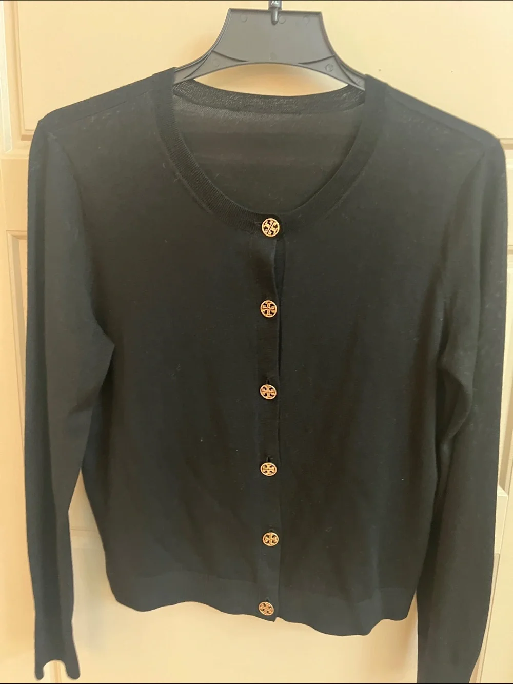 Tory Burch 100% Merino Wool Cardigan Sweater Black Gold Logo Buttons Classic
